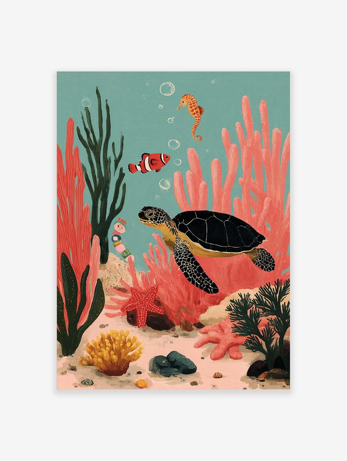 Colourful illustrative print of a sea turtle, clownfish, and seahorse in a vibrant coral reef underwater scene