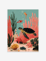 Colourful illustrative print of a sea turtle, clownfish, and seahorse in a vibrant coral reef underwater scene
