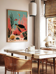 Colourful illustrative print of a sea turtle, clownfish, and seahorse in a vibrant coral reef, in a styled room mockup