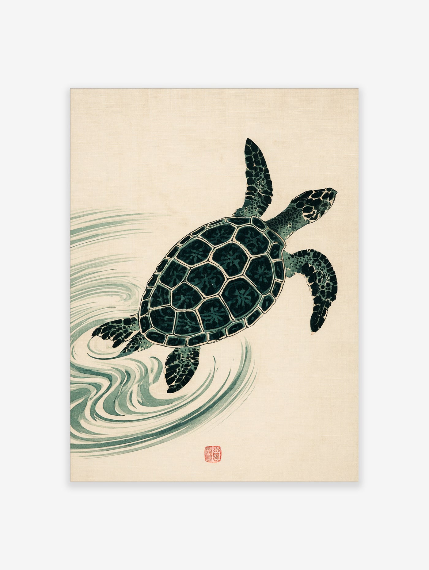 Japanese style green sea turtle swimming in water ripples art print