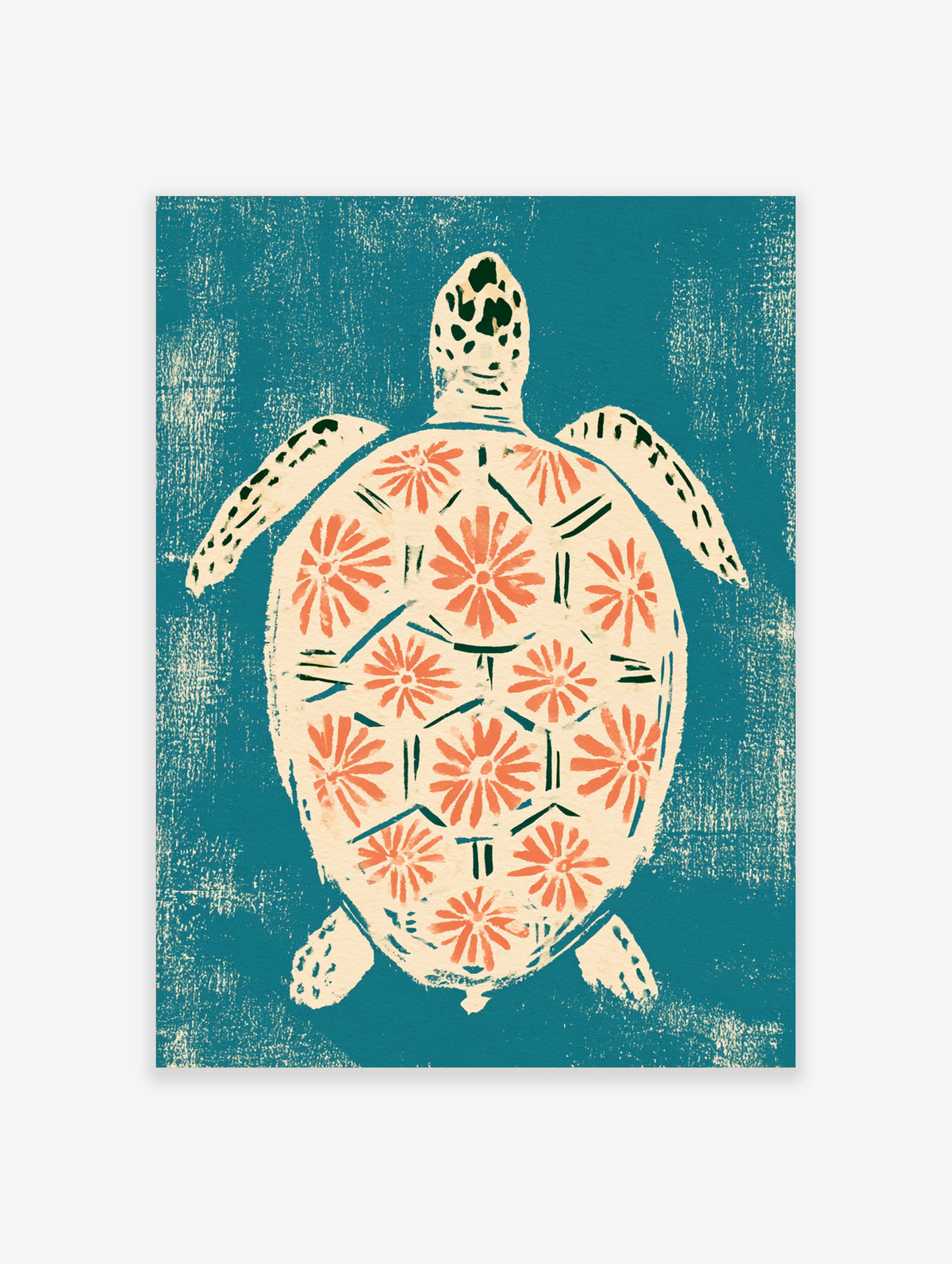 Sea turtle art print with coral floral shell pattern on teal background