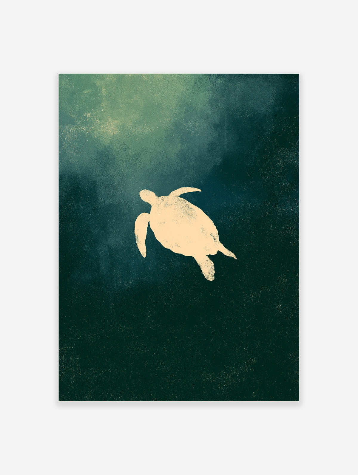 Cream sea turtle silhouette swimming across a textured green ocean background art print