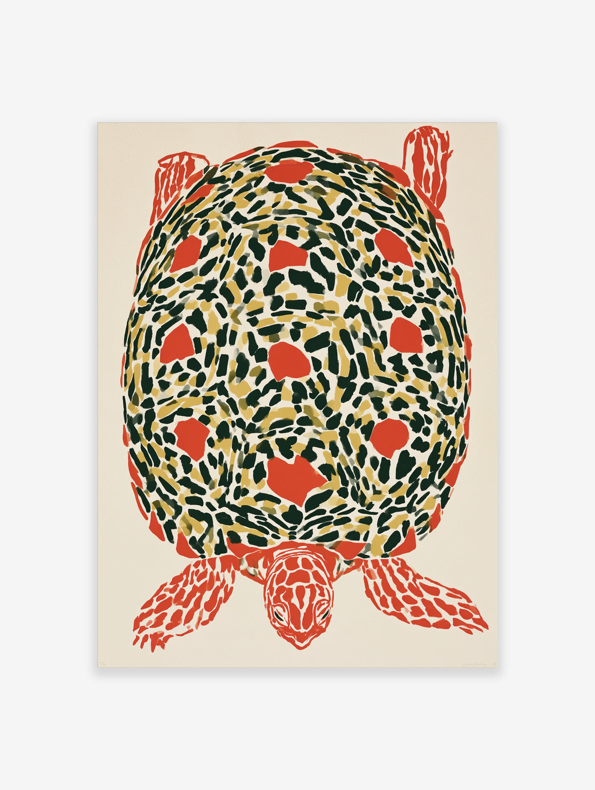 Sea turtle poster with mosaic shell in dark green, gold and red, coral-red flippers and head on plain background