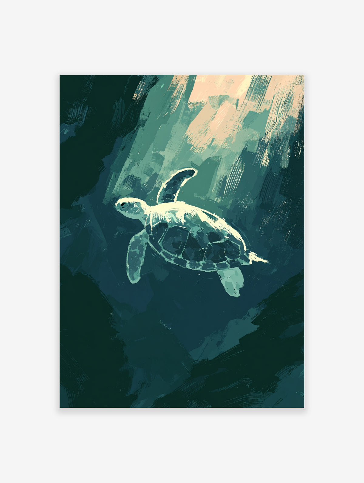 Sea turtle swimming in green and blue water, painterly animal poster art