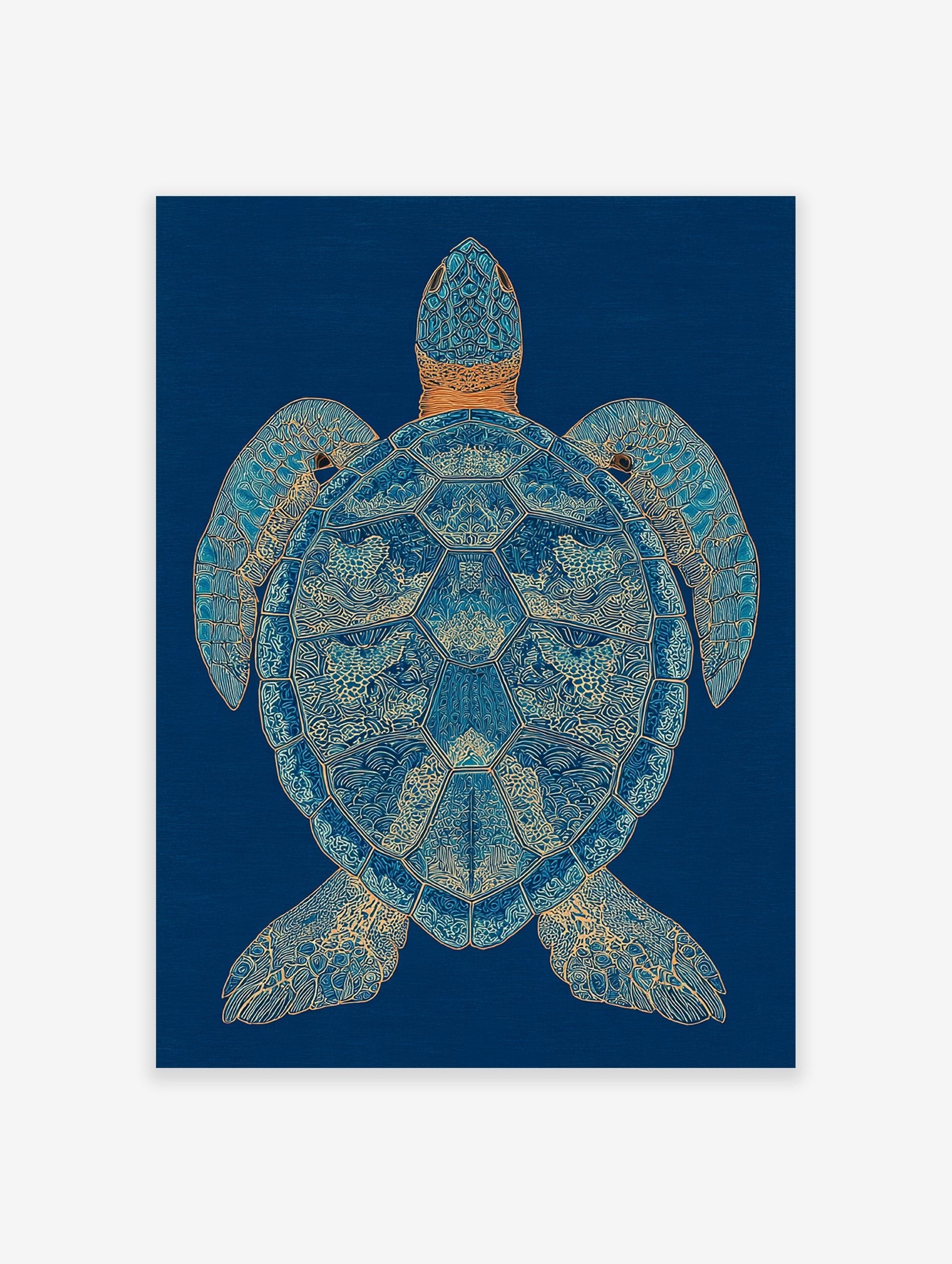 Stylized blue and gold sea turtle wall art print with intricate patterns on a dark blue background.