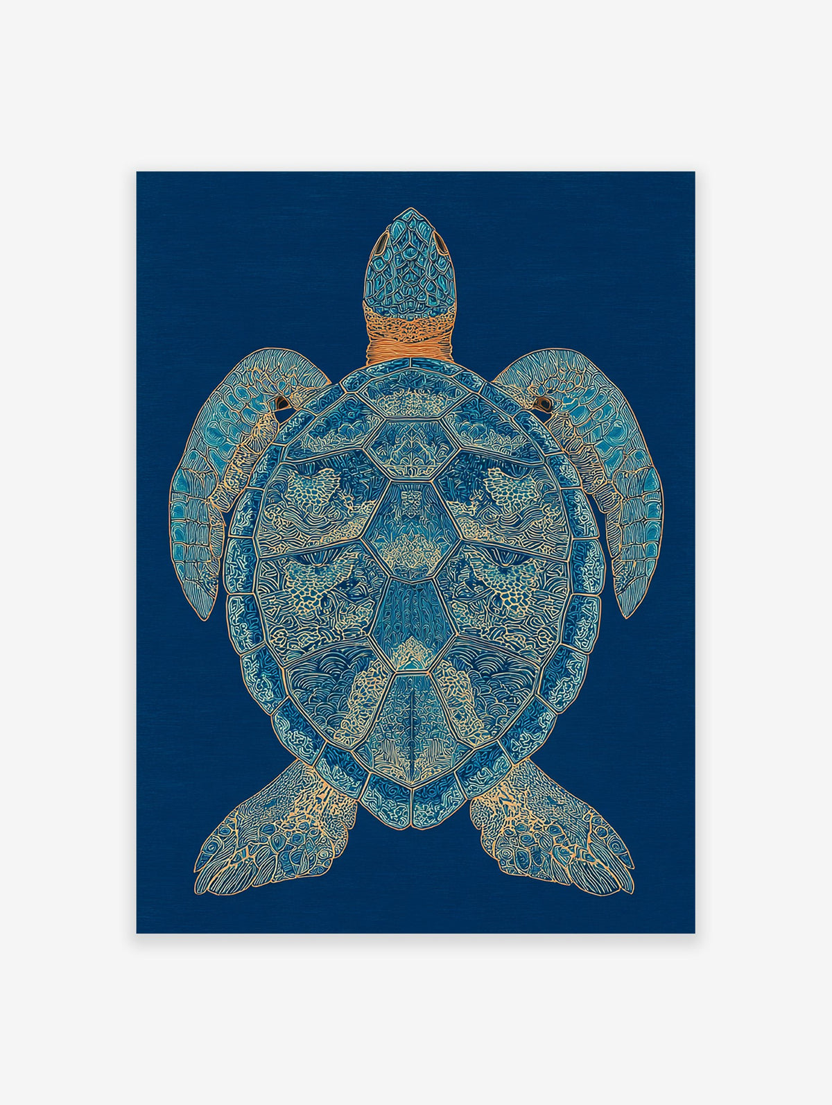 Stylized blue and gold sea turtle wall art print with intricate patterns on a dark blue background.