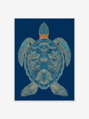 Stylized blue and gold sea turtle wall art print with intricate patterns on a dark blue background.
