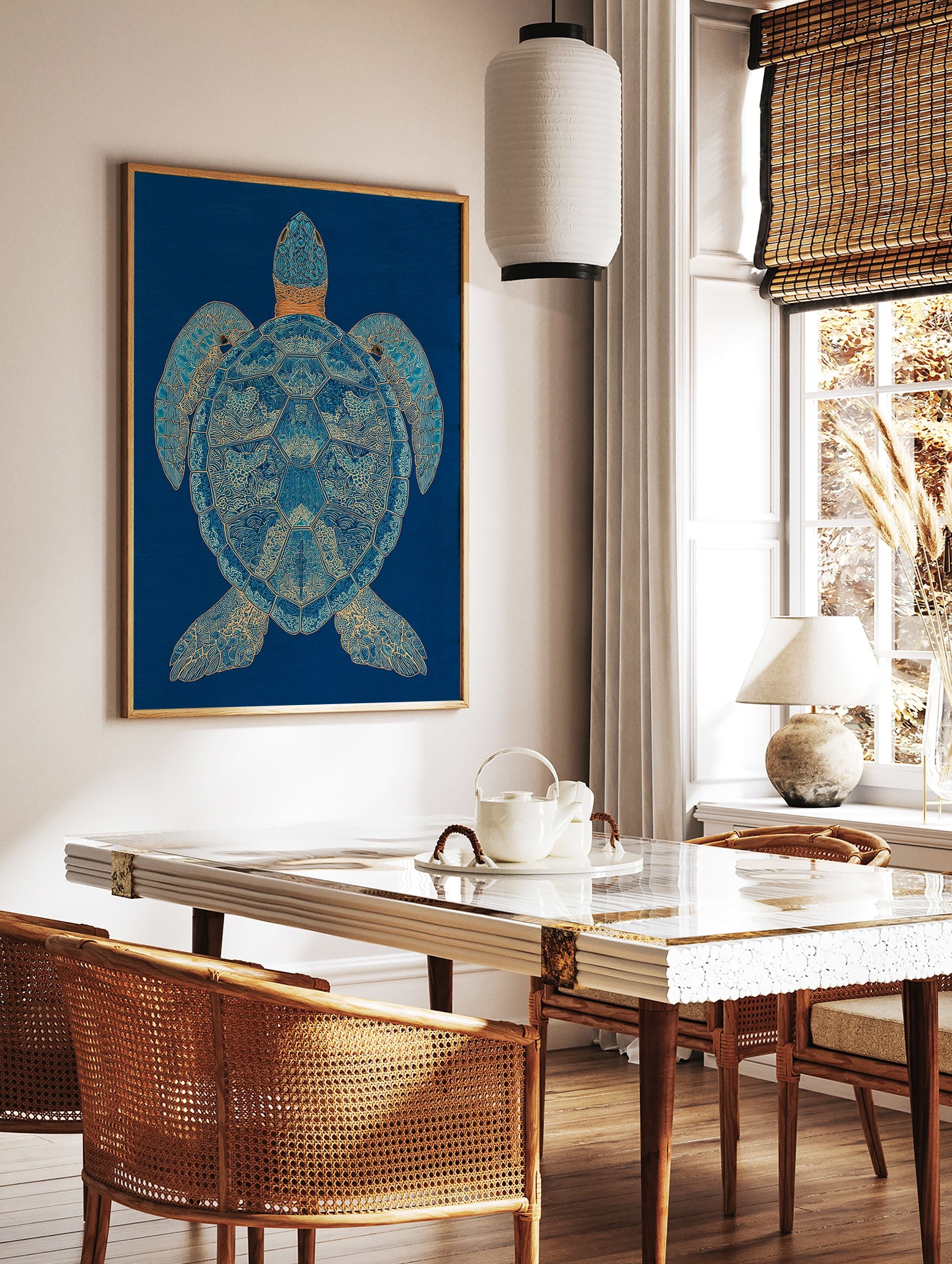 Stylized blue and gold sea turtle wall art print with intricate patterns on a dark blue background. - Image 2