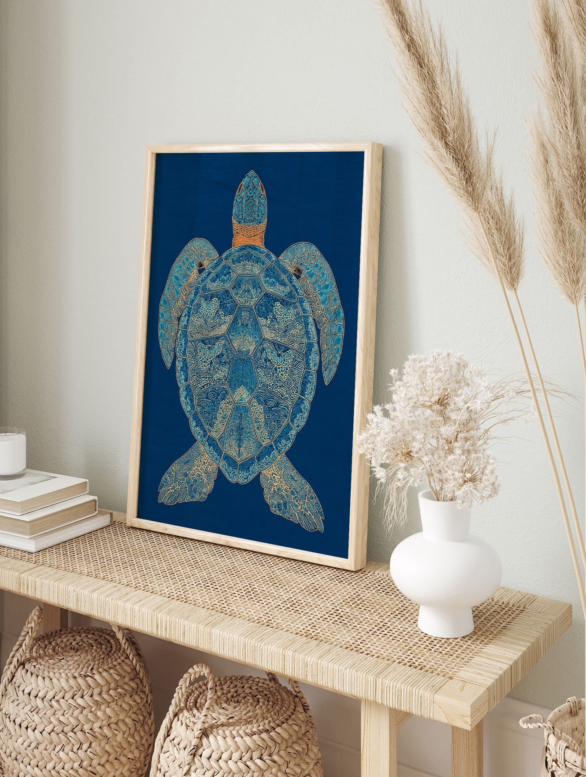 Stylized blue and gold sea turtle wall art print with intricate patterns on a dark blue background. - Image 3
