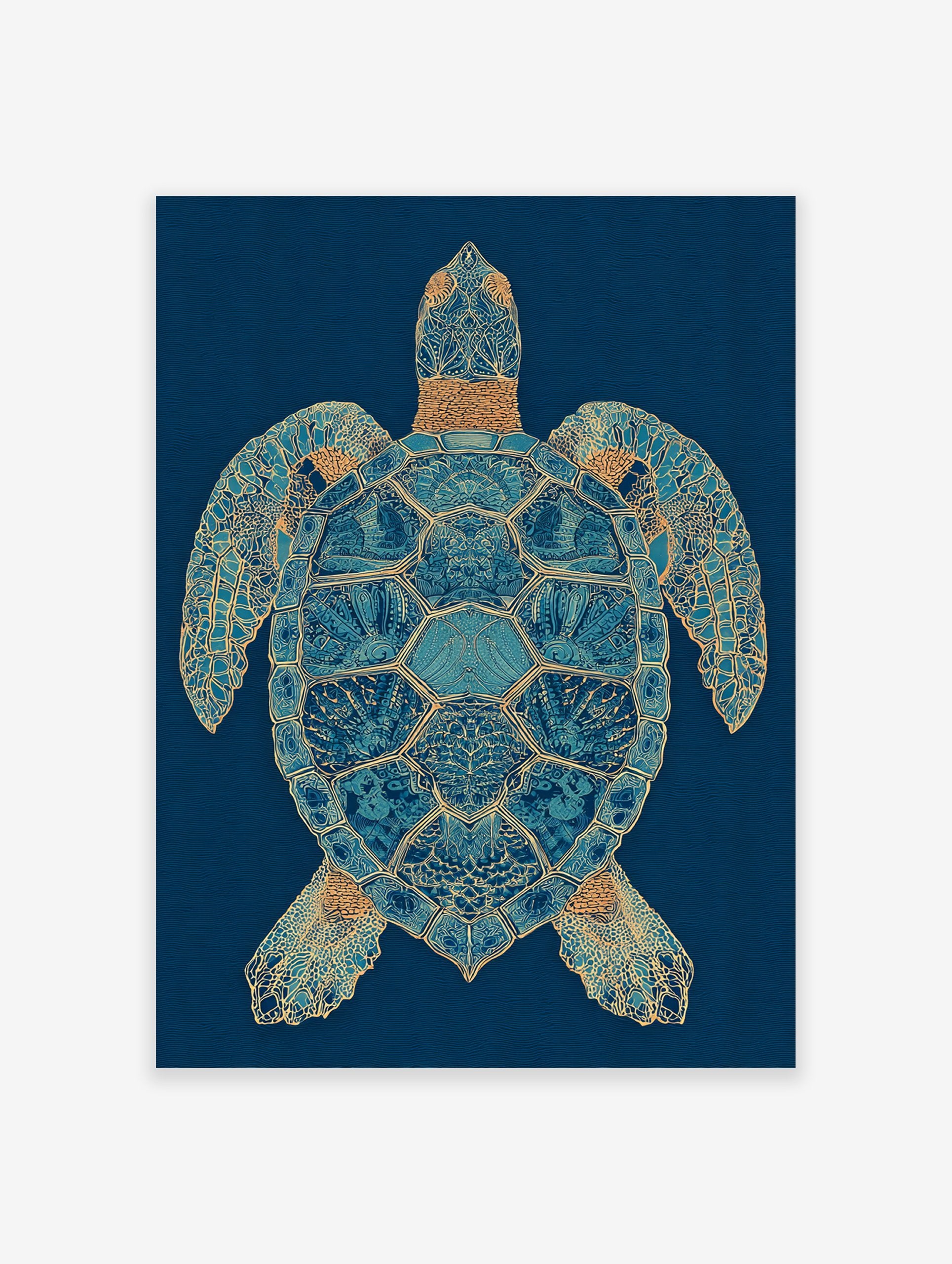 Intricate blue and gold sea turtle wall art print on a dark blue wavy background, showcasing detailed marine life illustration.