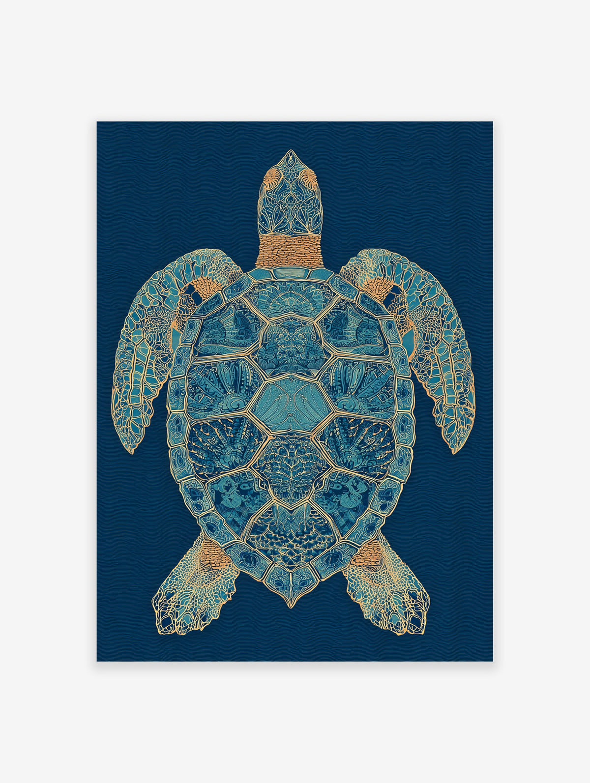 Intricate blue and gold sea turtle wall art print on a dark blue wavy background, showcasing detailed marine life illustration.