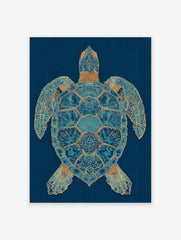 Intricate blue and gold sea turtle wall art print on a dark blue wavy background, showcasing detailed marine life illustration.