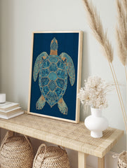 Intricate blue and gold sea turtle wall art print on a dark blue wavy background, showcasing detailed marine life illustration. - Image 3