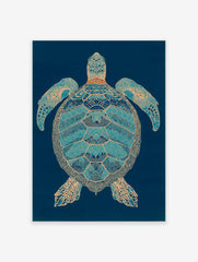 Intricate blue and gold sea turtle wall art print on a dark blue background with detailed patterns on its shell and flippers.