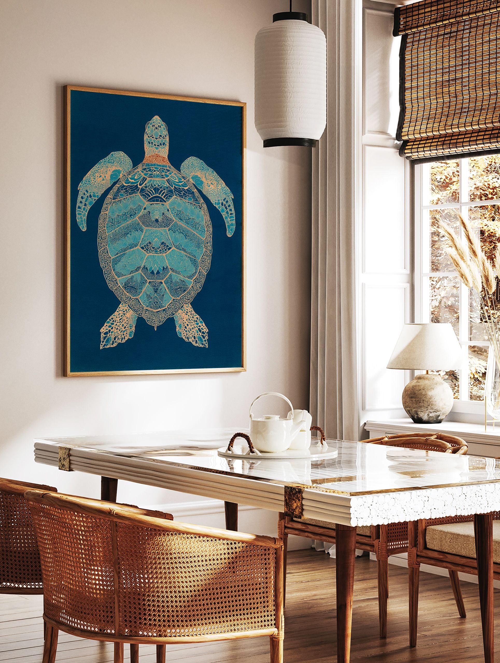 Intricate blue and gold sea turtle wall art print on a dark blue background with detailed patterns on its shell and flippers. - Image 2