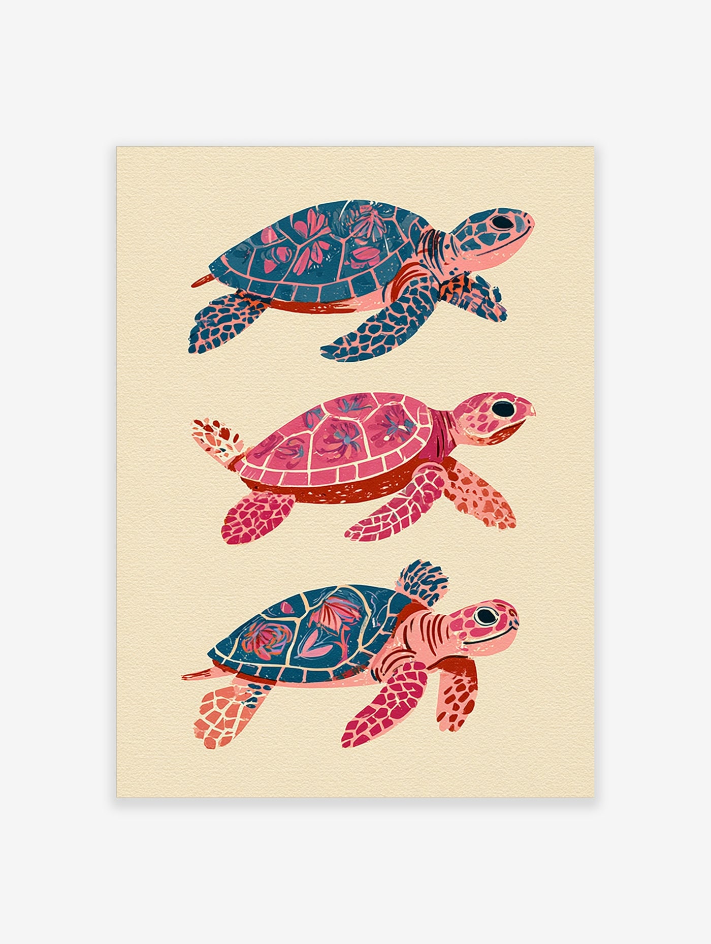 Three stylised sea turtles in pink and teal with patterned shells on cream background, vertical art print