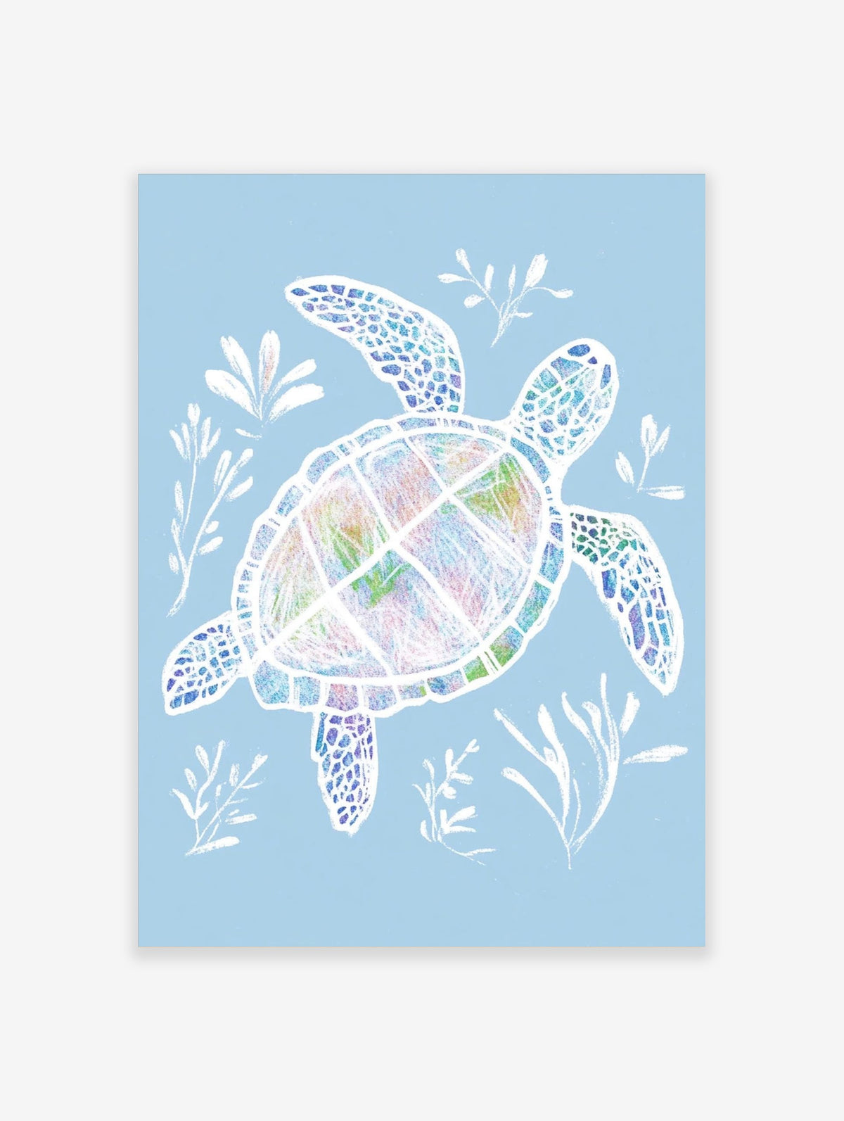 Colourful sea turtle illustration with white outlines, swimming with white seaweed on a pale blue background