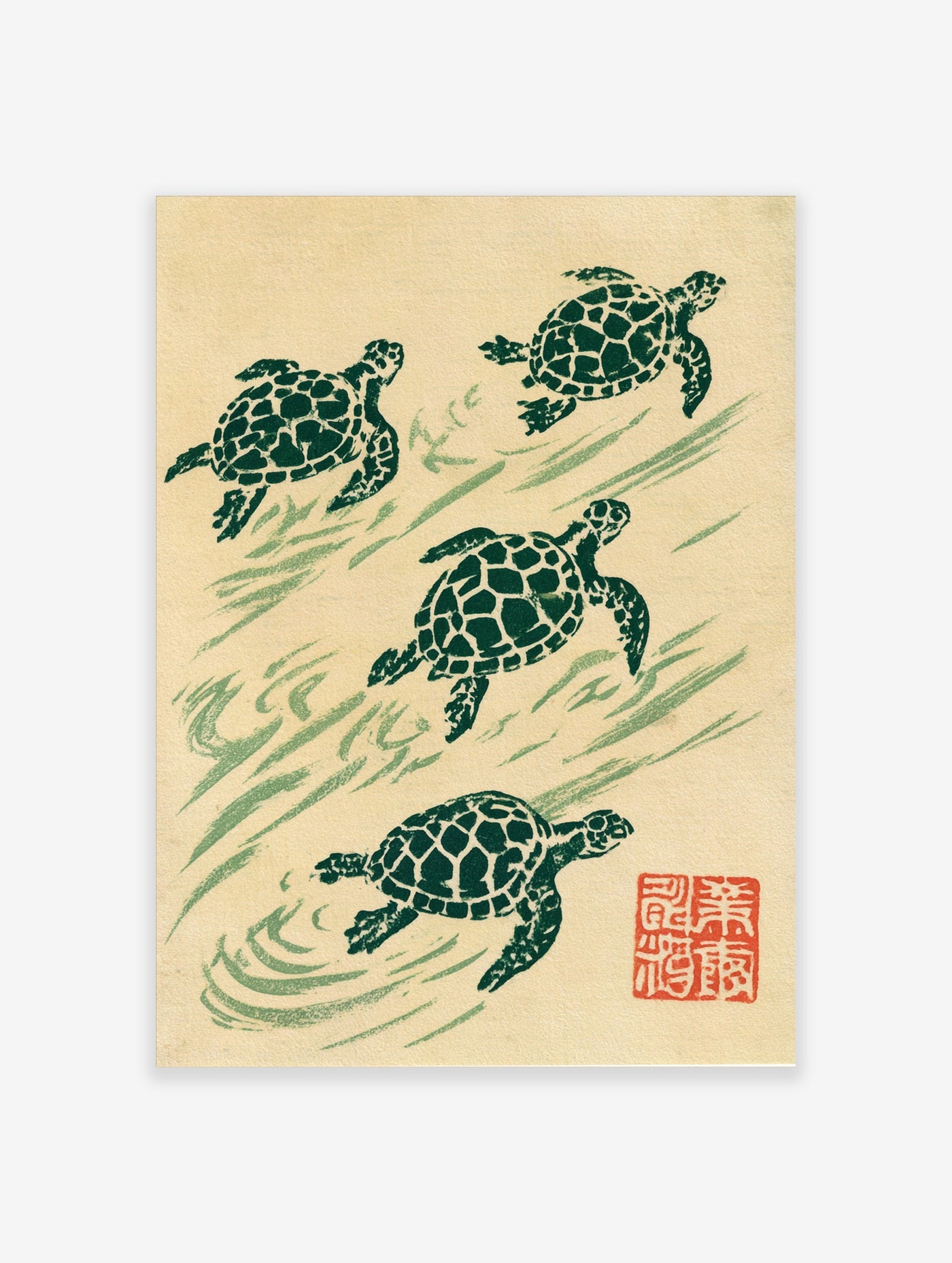 Woodblock style sea turtle wall art featuring three swimming turtles in green on cream paper with a red seal stamp