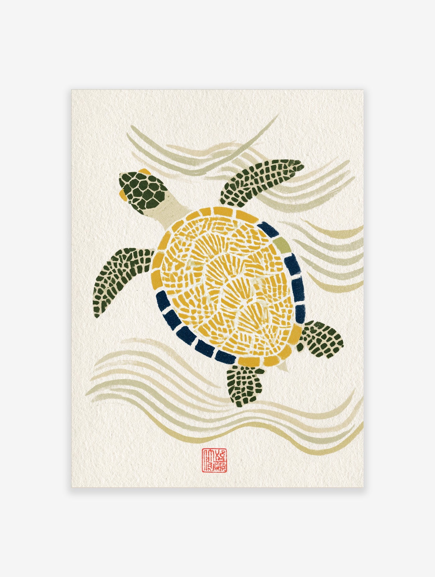 Illustrative sea turtle wall art with mosaic pattern shell, swimming in waves on textured neutral background