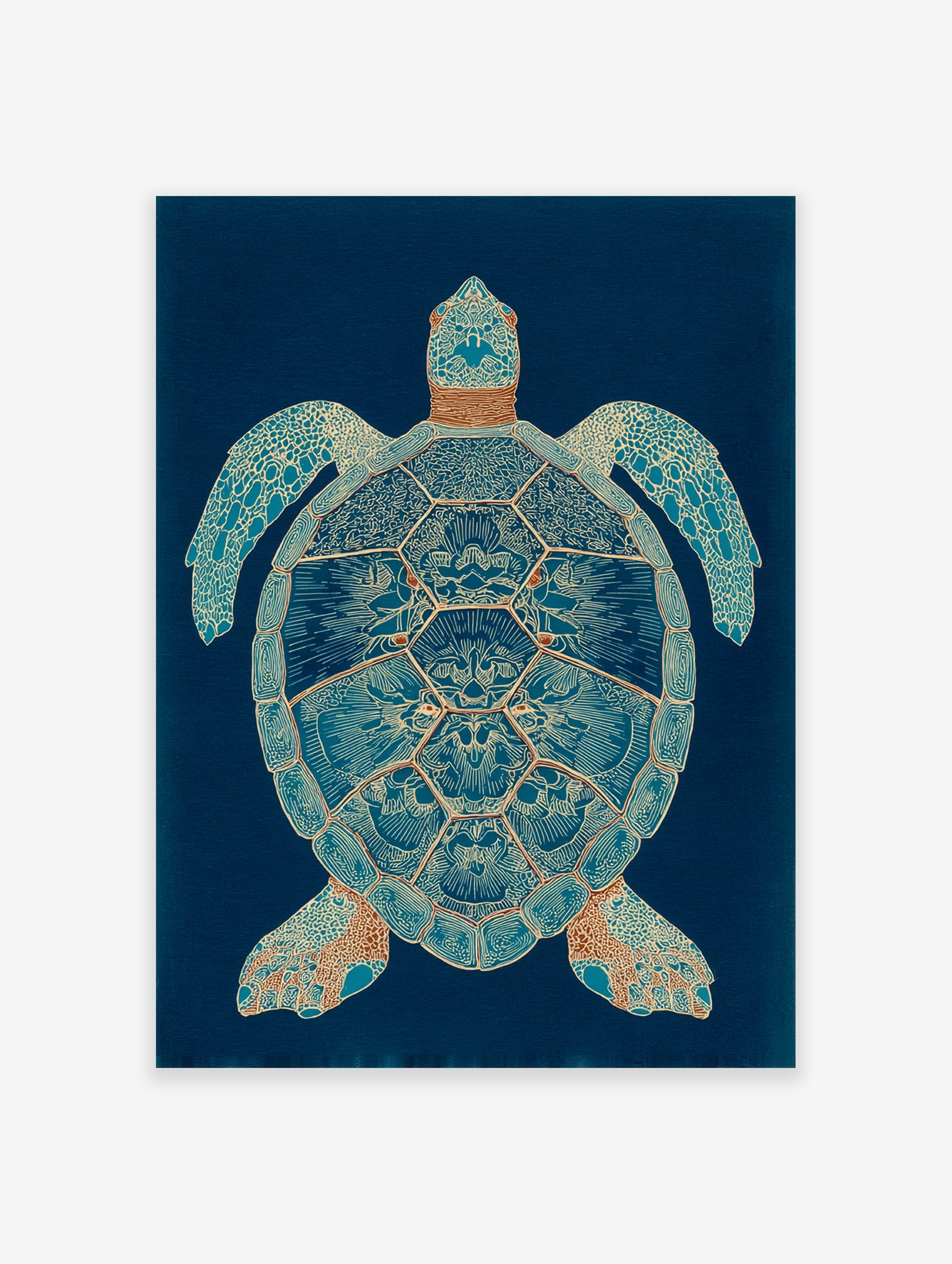Intricate blue and bronze sea turtle wall art illustration on a dark blue background