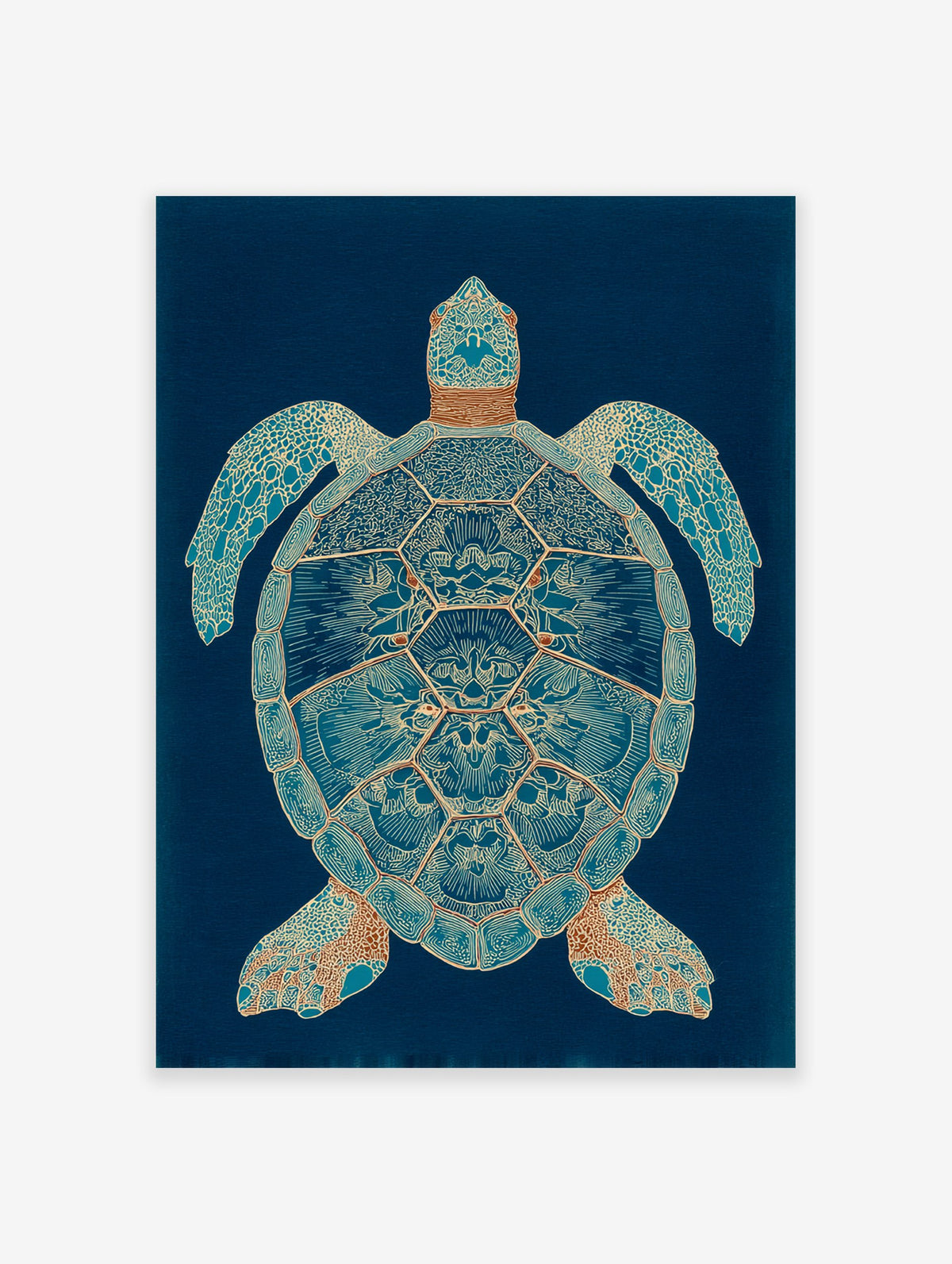 Intricate blue and bronze sea turtle wall art illustration on a dark blue background