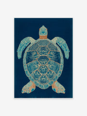 Intricate blue and bronze sea turtle wall art illustration on a dark blue background