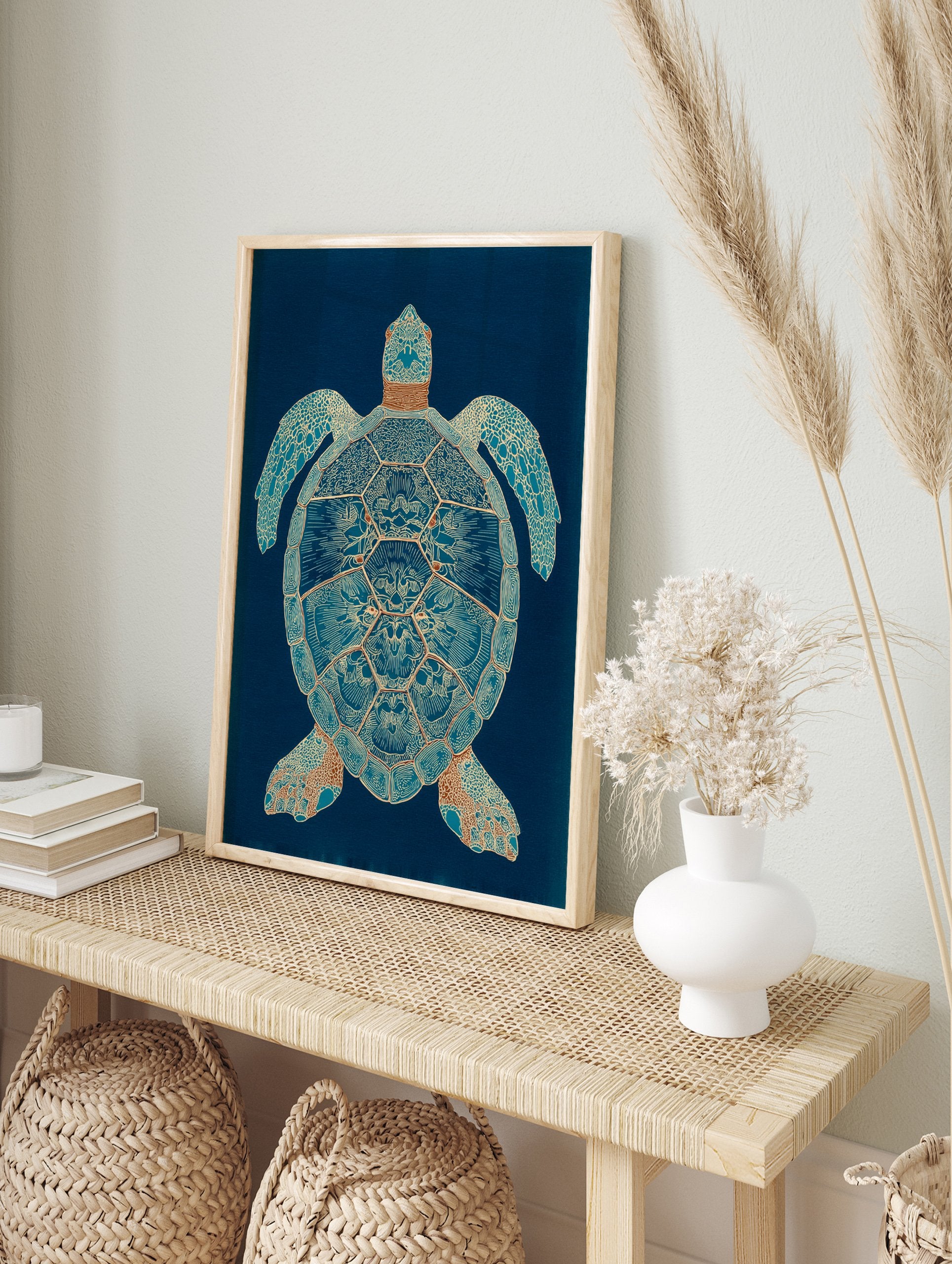 Intricate blue and bronze sea turtle wall art illustration on a dark blue background - Image 3