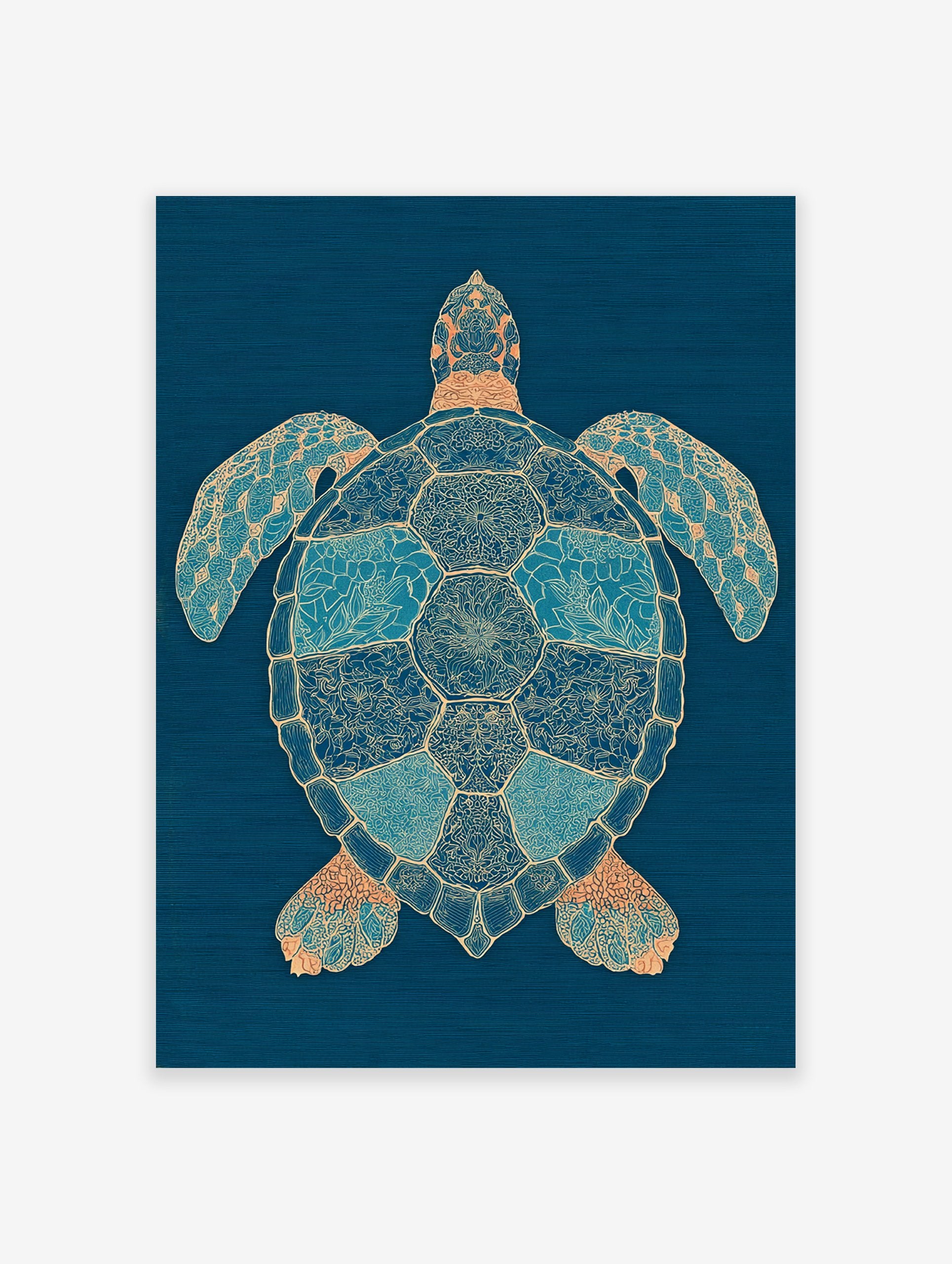 Intricate blue and gold sea turtle wall art print on a dark blue background with detailed patterns