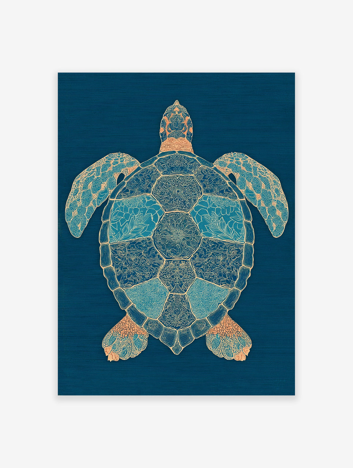 Intricate blue and gold sea turtle wall art print on a dark blue background with detailed patterns