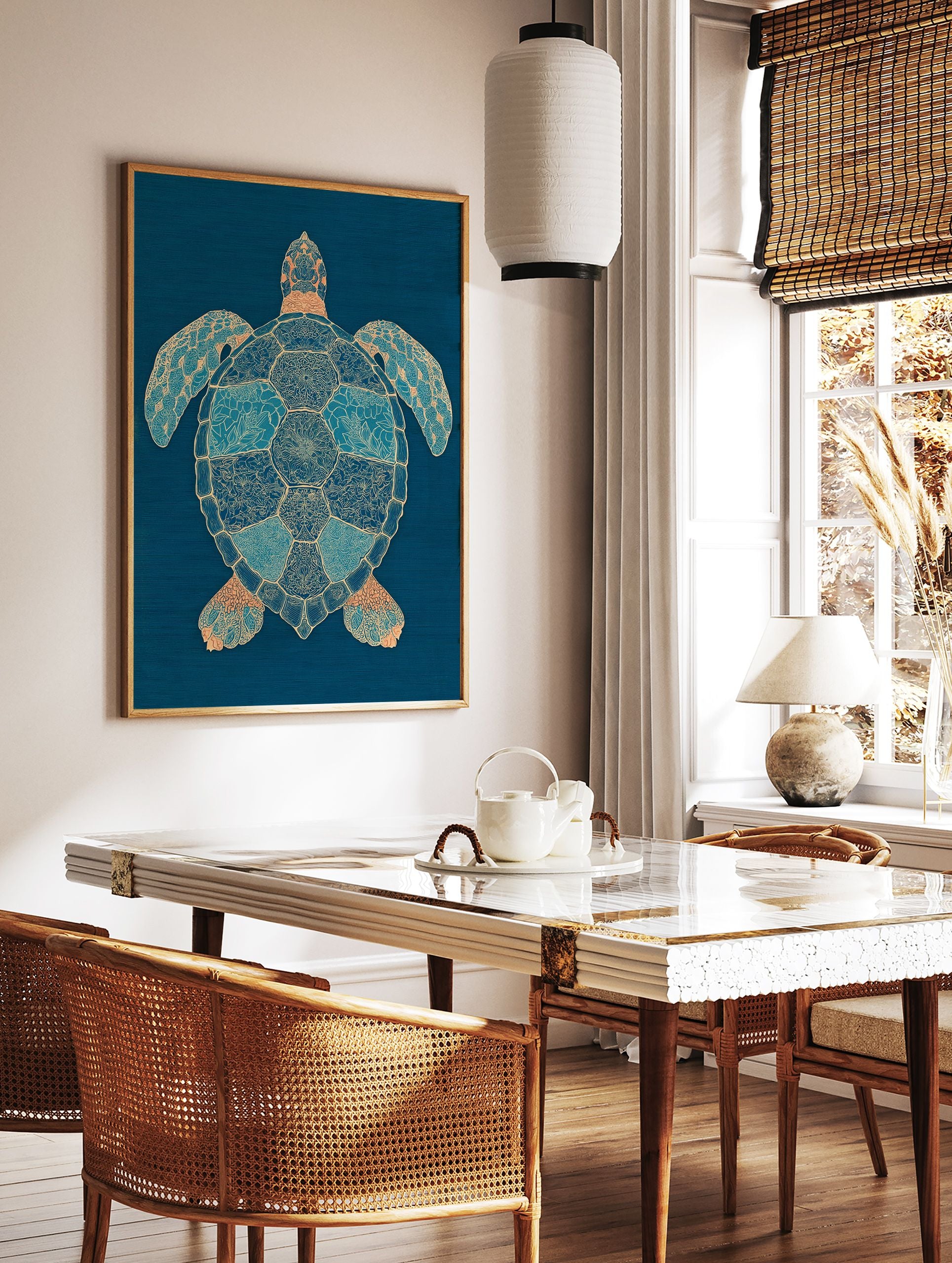Intricate blue and gold sea turtle wall art print on a dark blue background with detailed patterns - Image 2