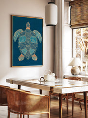 Intricate blue and gold sea turtle wall art print on a dark blue background with detailed patterns - Image 2