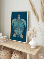 Intricate blue and gold sea turtle wall art print on a dark blue background with detailed patterns - Image 3