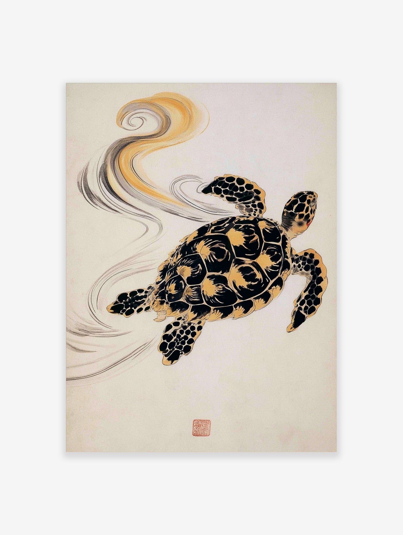 Japanese-style sea turtle illustration with golden water currents and a red seal on a cream background