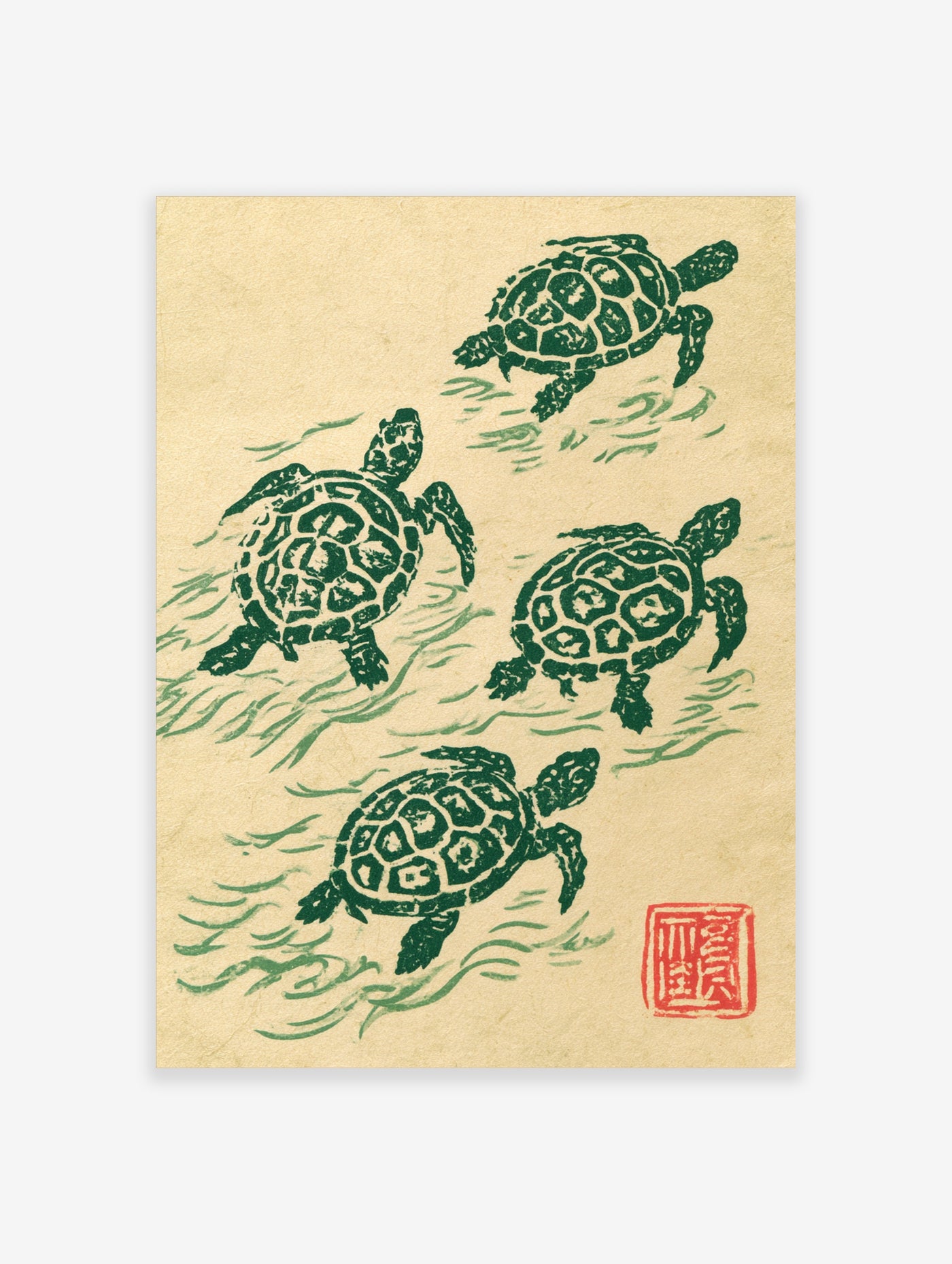 Four sea turtles in a green woodblock-style illustration on tan paper with a red seal in the corner