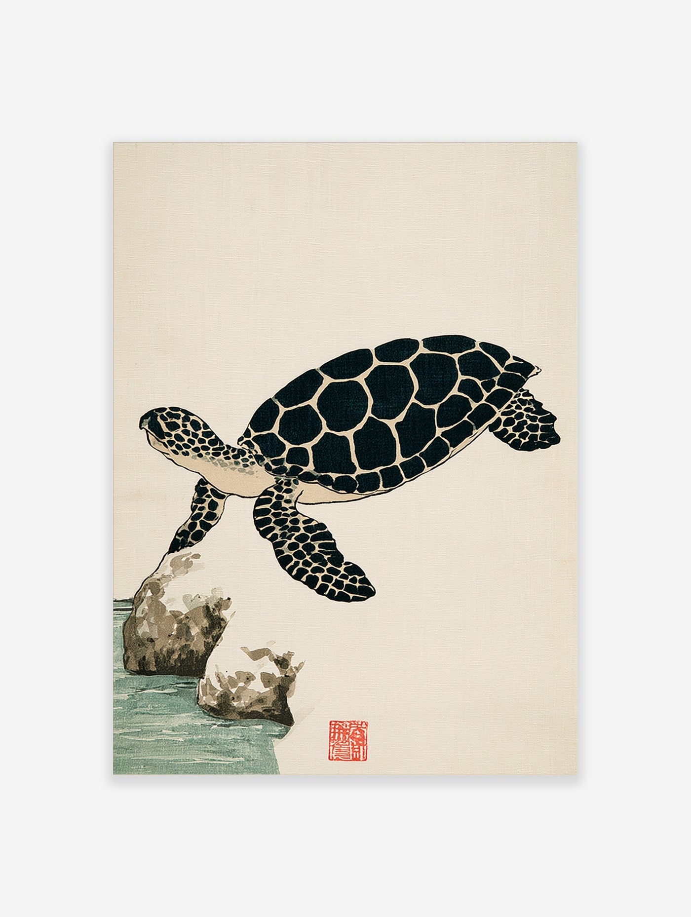 Sea turtle swimming above a rock in Japanese woodblock style illustration on a light background