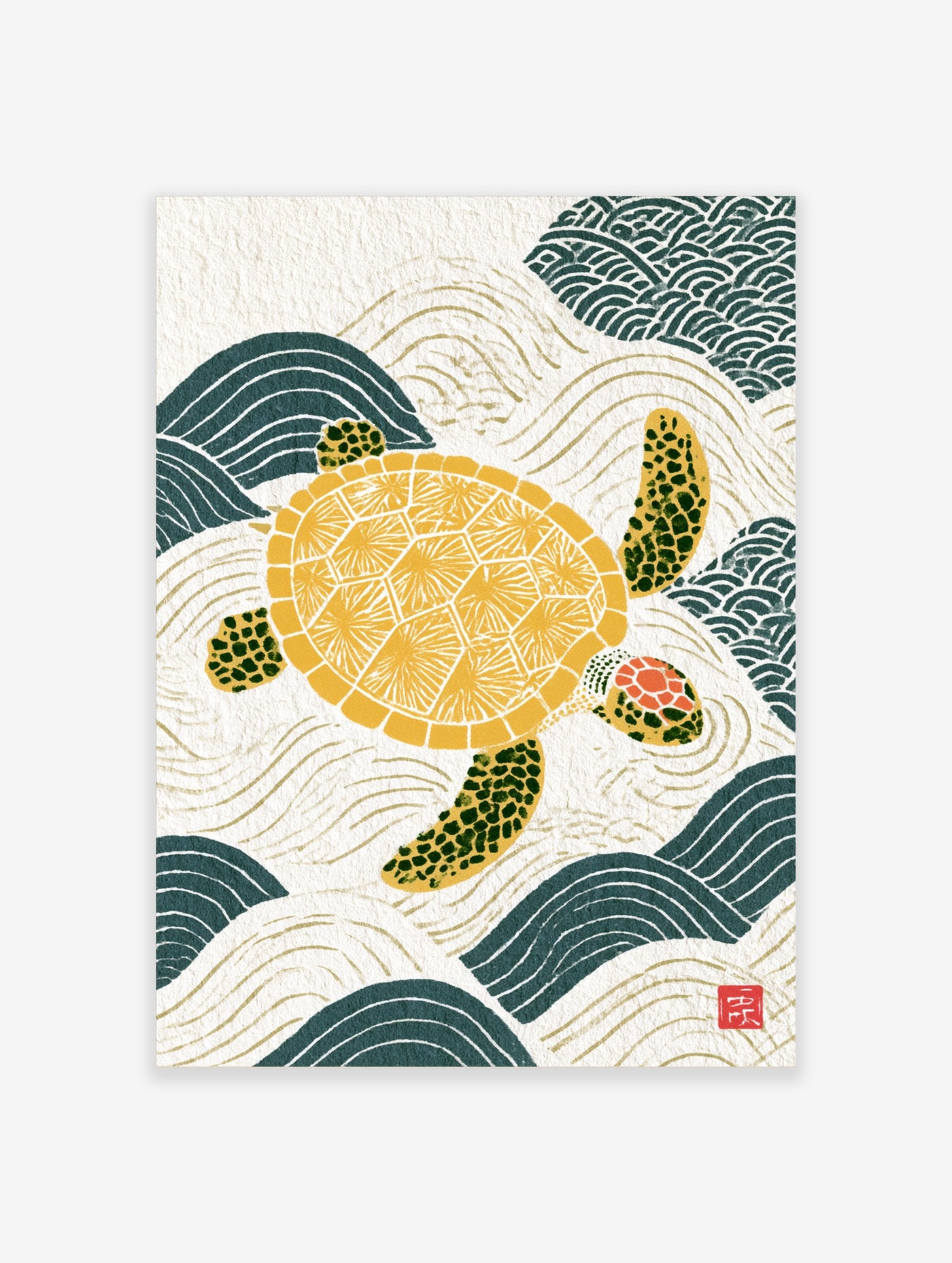 Stylised yellow sea turtle swimming amidst Japanese-inspired teal waves on a textured cream background