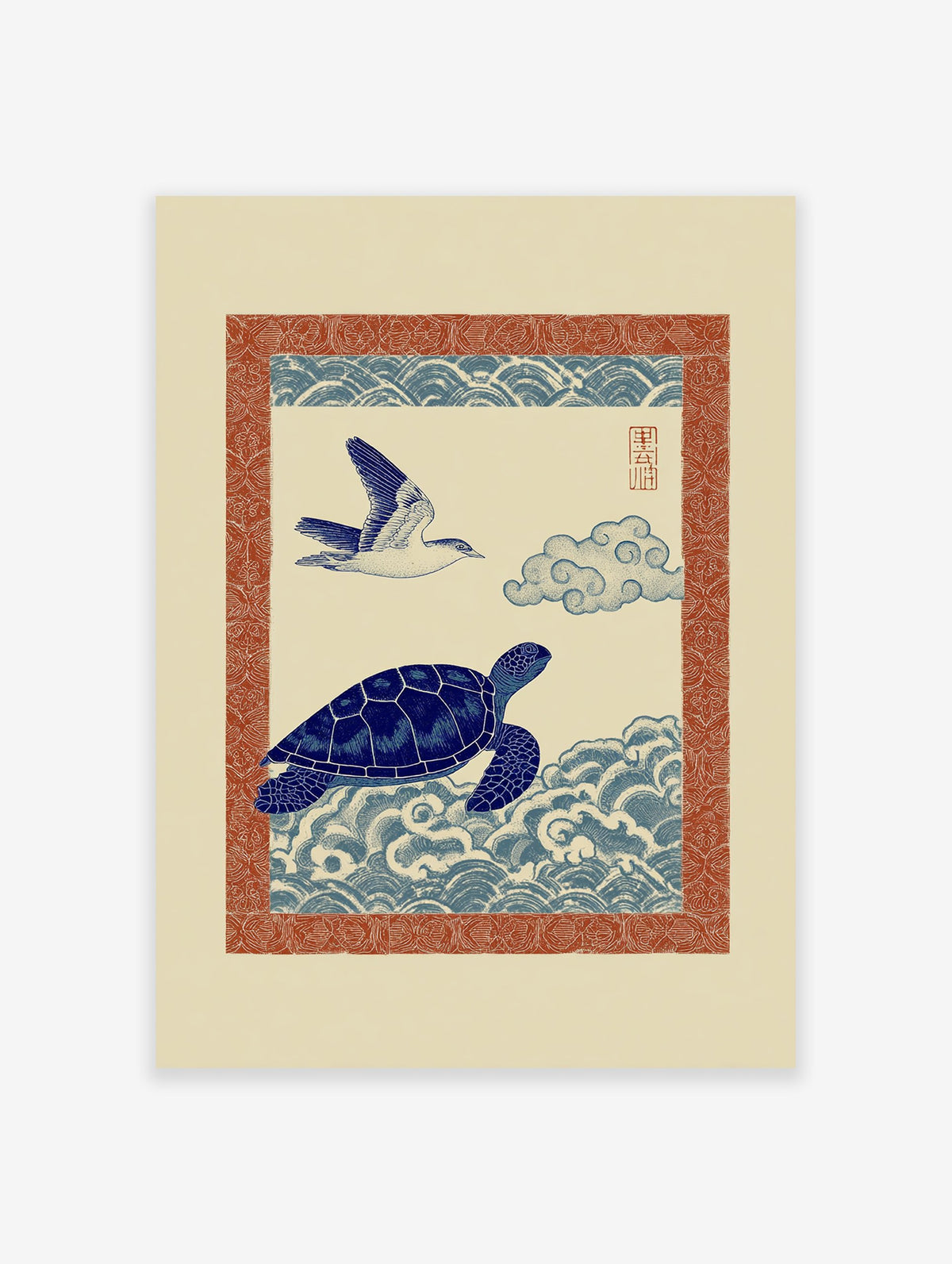 Blue sea turtle swimming in stylized waves with a bird flying overhead, all within a red patterned border, in a Japanese wall art style.