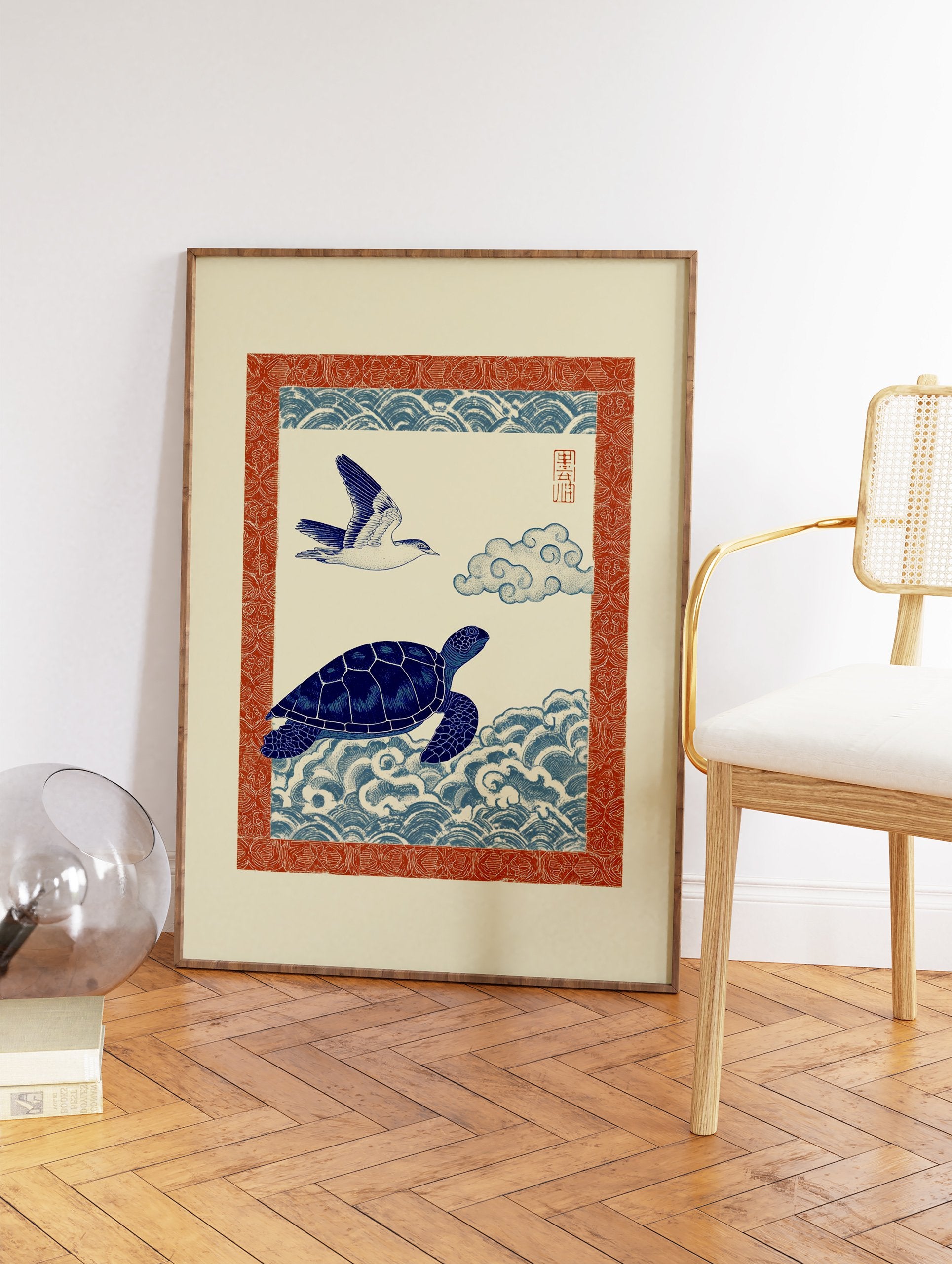 Blue sea turtle swimming in stylized waves with a bird flying overhead, all within a red patterned border, in a Japanese wall art style. - Image 2