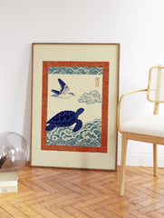 Blue sea turtle swimming in stylized waves with a bird flying overhead, all within a red patterned border, in a Japanese wall art style. - Image 2