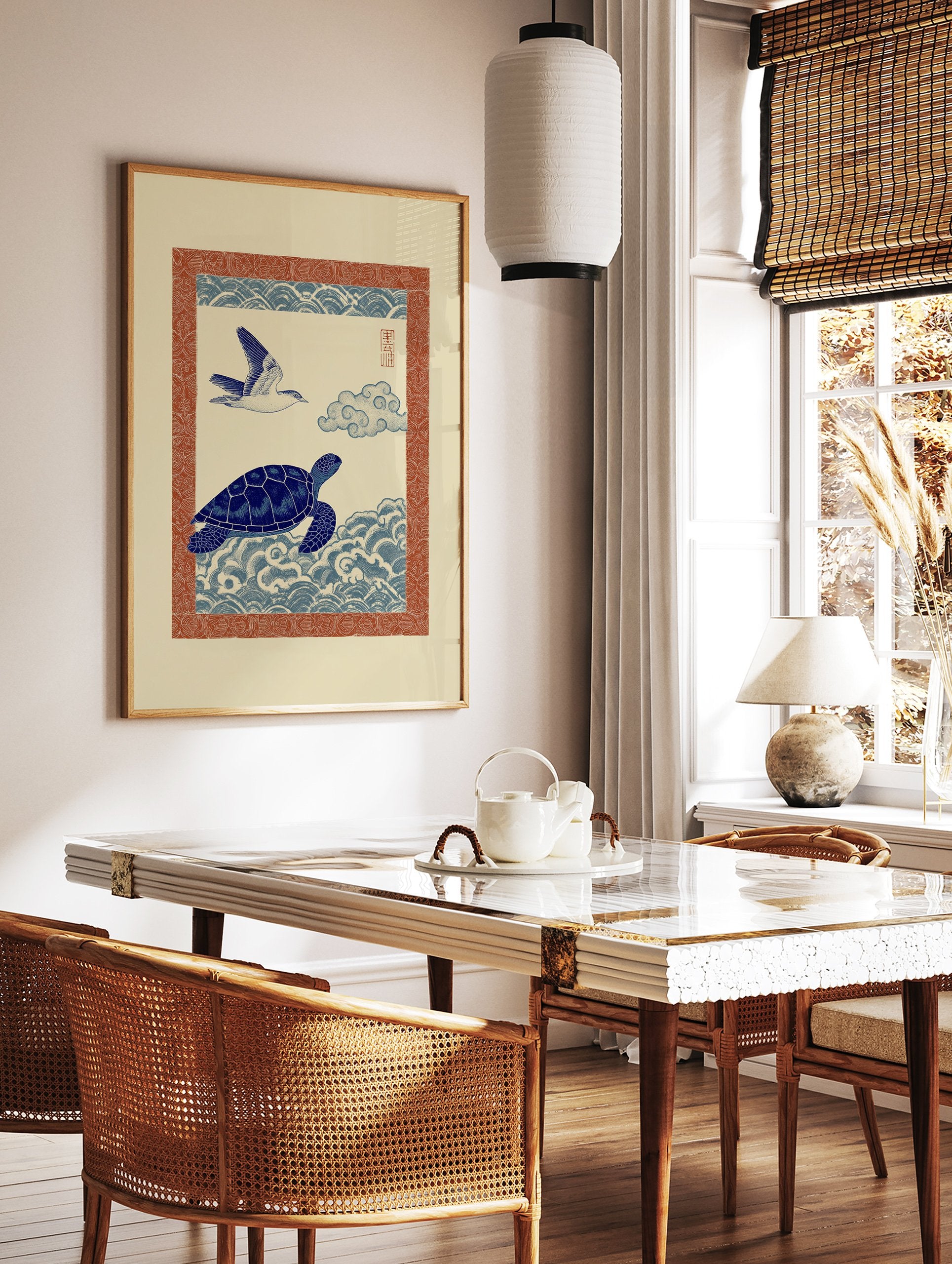 Blue sea turtle swimming in stylized waves with a bird flying overhead, all within a red patterned border, in a Japanese wall art style. - Image 3