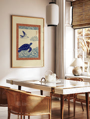 Blue sea turtle swimming in stylized waves with a bird flying overhead, all within a red patterned border, in a Japanese wall art style. - Image 3