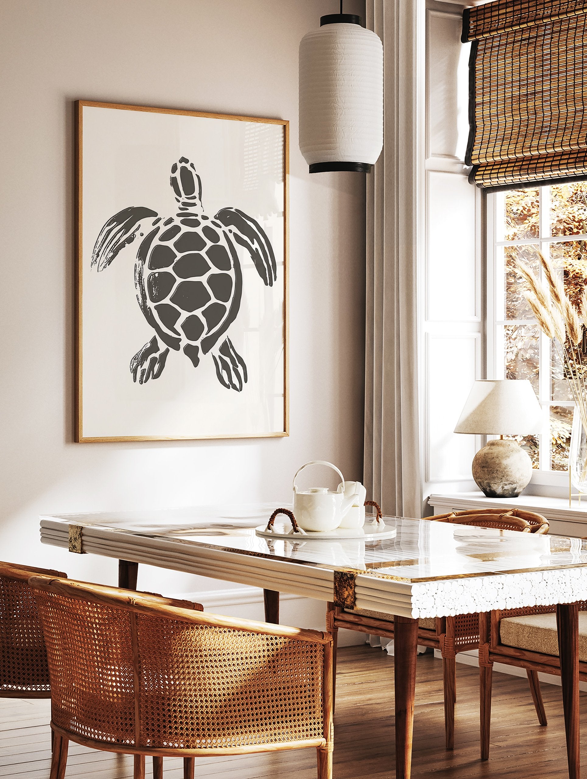 Minimalist dark grey sea turtle illustration art print on a light cream background, viewed from above. - Image 2