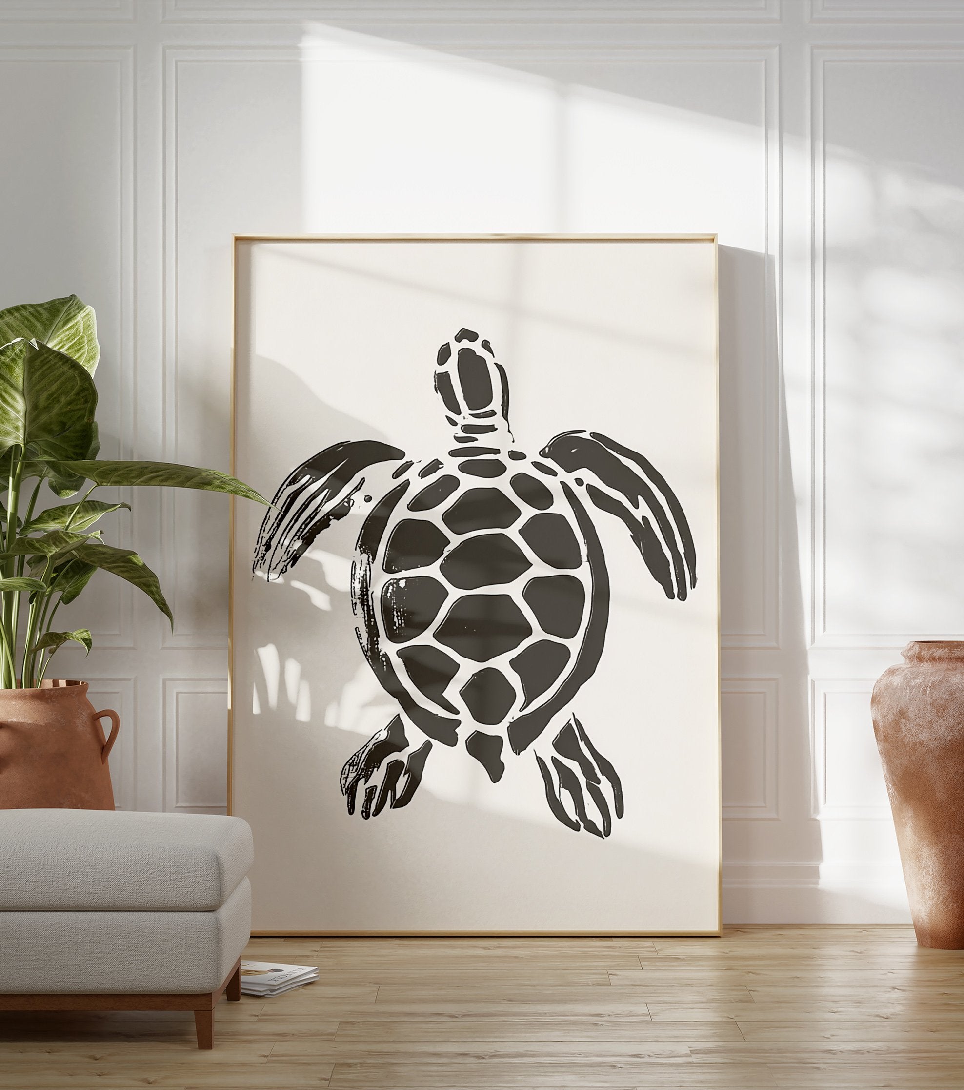 Minimalist dark grey sea turtle illustration art print on a light cream background, viewed from above. - Image 3