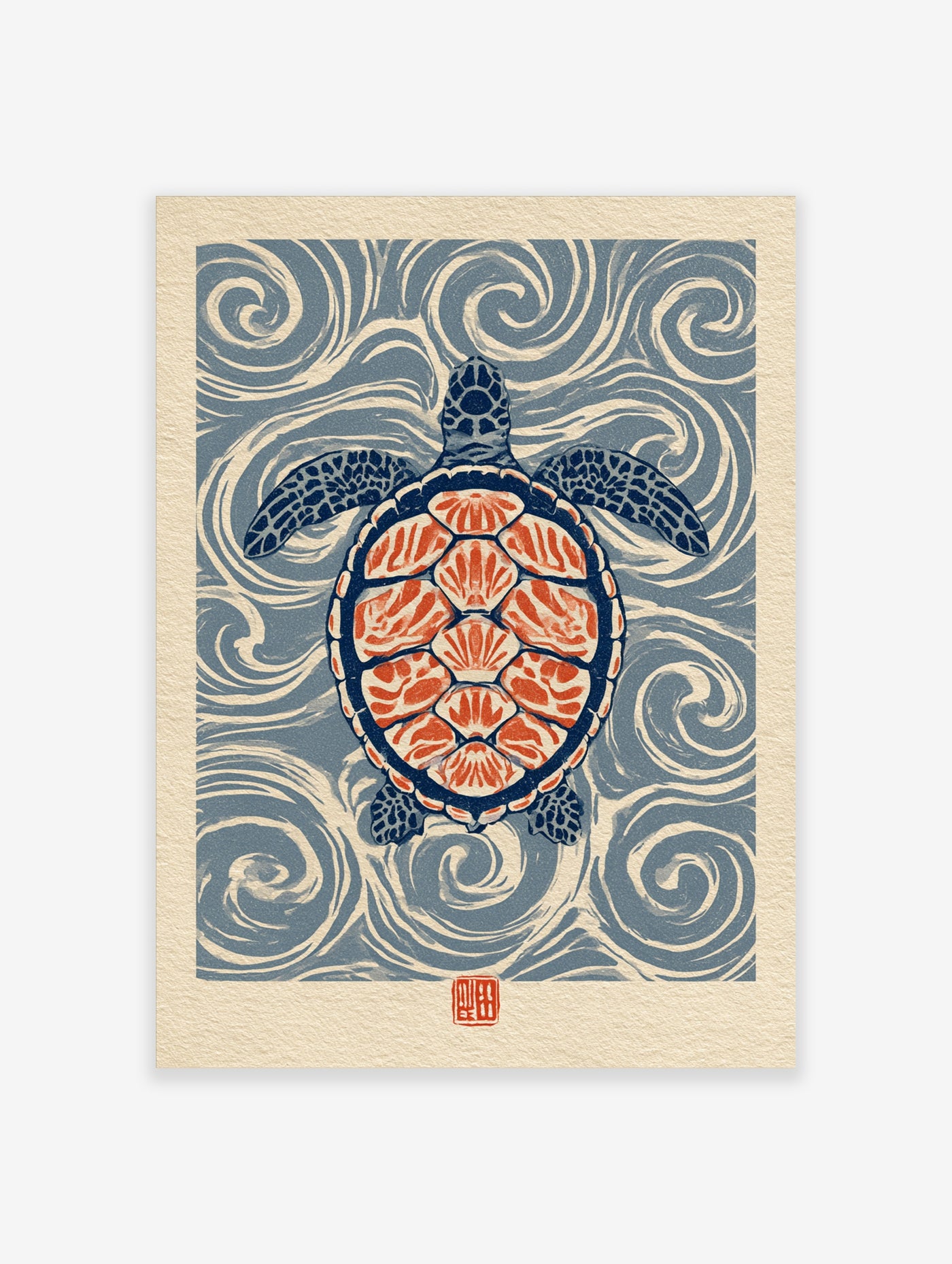 Illustrative sea turtle art print with patterned shell and swirling blue water background
