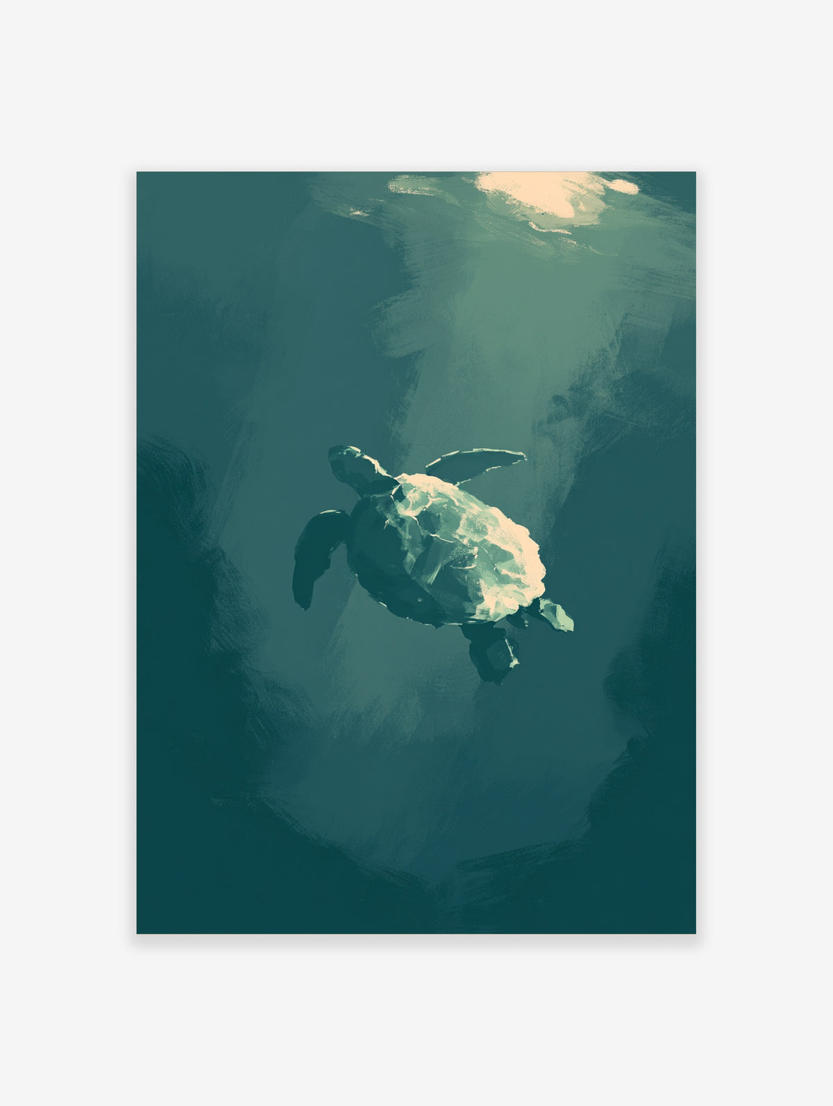 Sea turtle swimming in deep green water with light from above, ocean animal art print