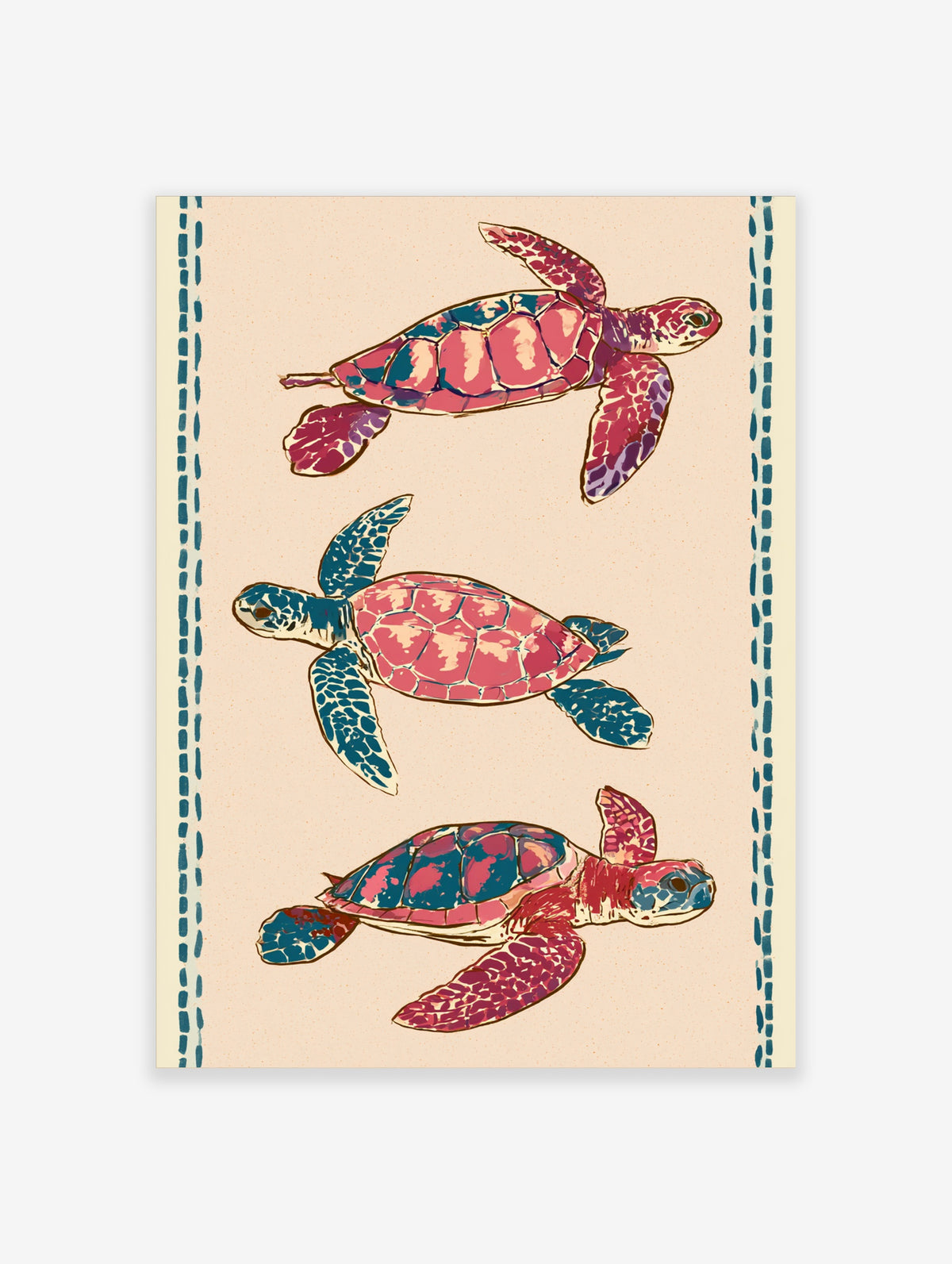 Three stylised sea turtles in pink and teal on beige background, with blue dashed border, unframed paper print