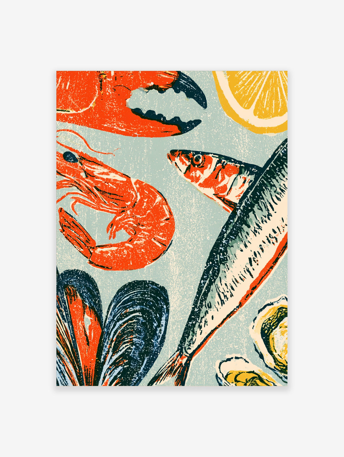 Seafood poster with lobster claw, prawn, mackerel, mussels, lemon and oysters on pale blue background
