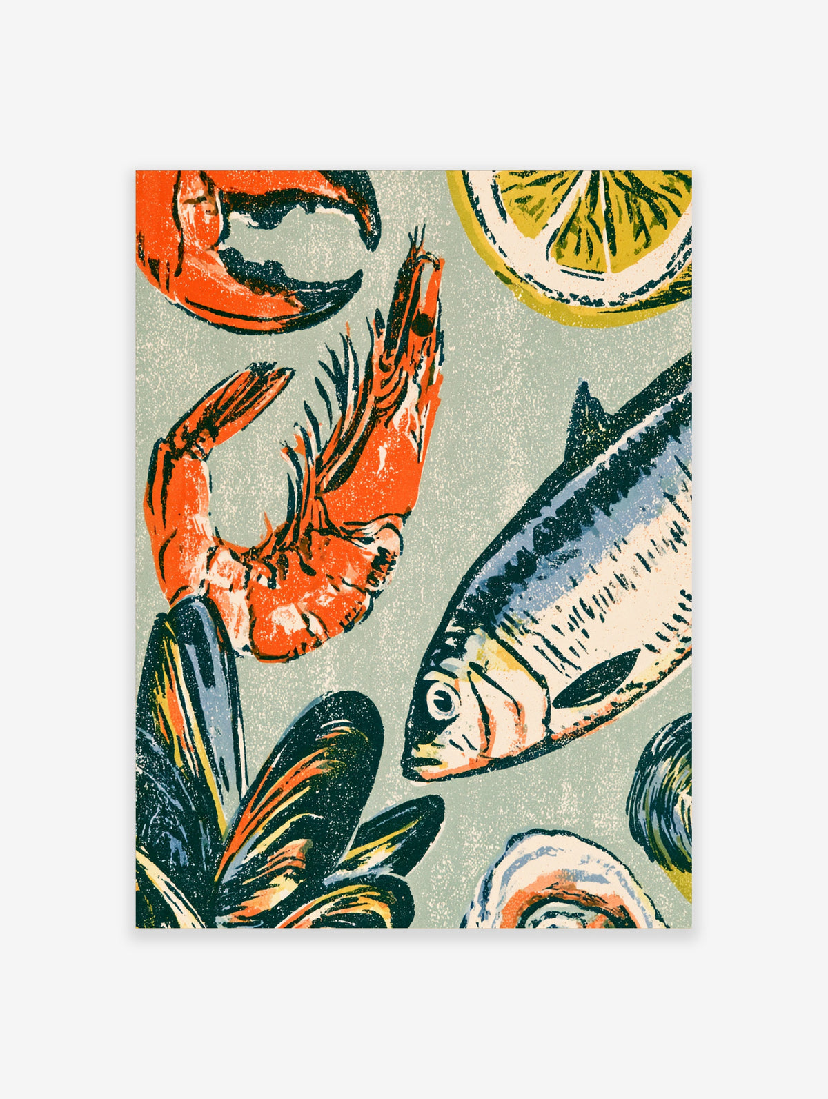 Seafood poster with prawn, mackerel, mussels, lemon slice and oyster in screen print style on pale green background