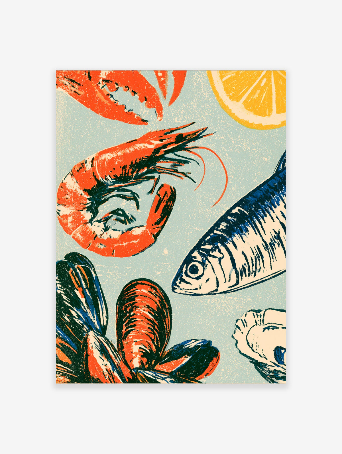 Retro seafood poster with prawn, mackerel, mussels, lemon and oyster on blue speckled background