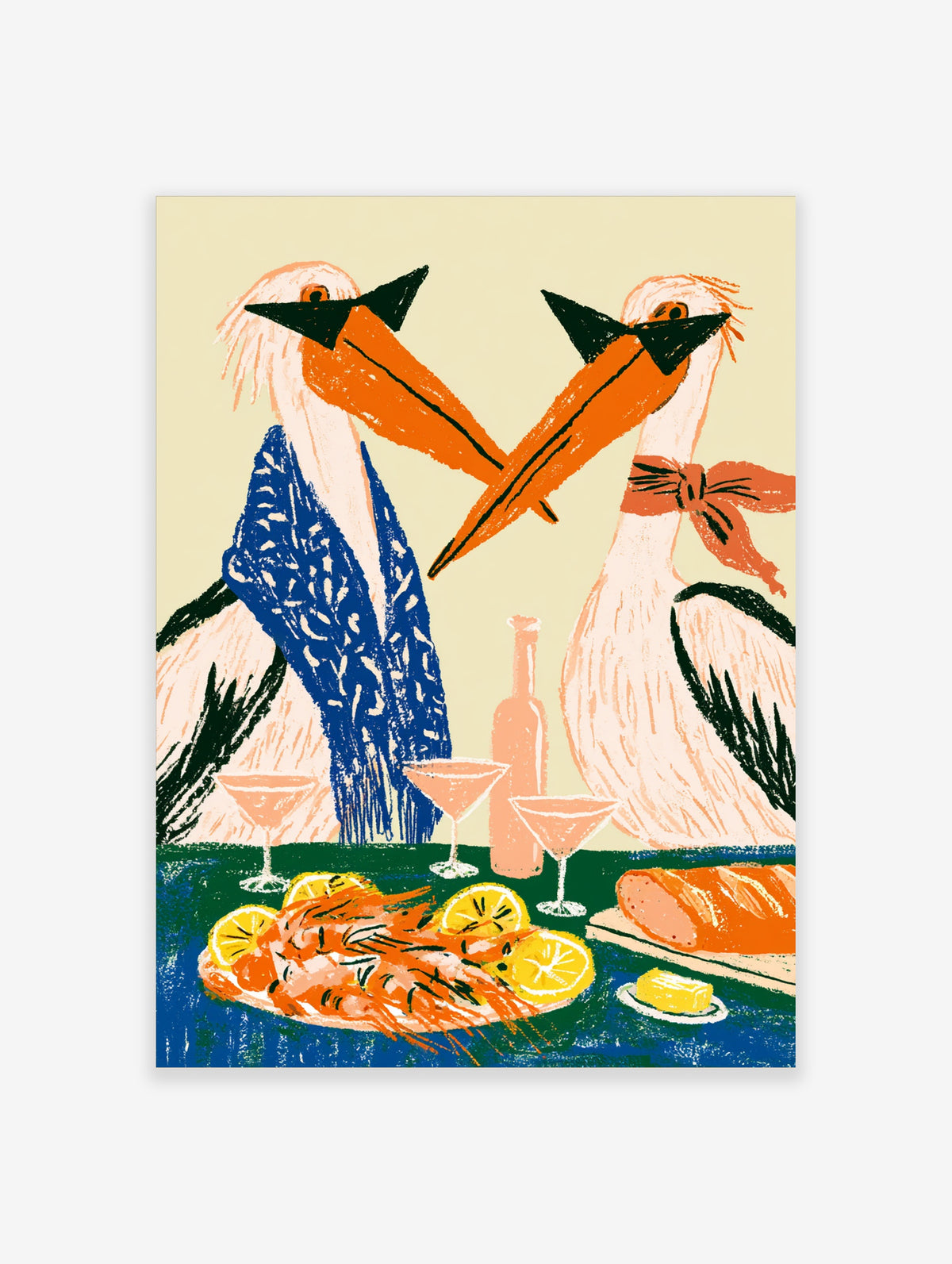 Two seagulls with orange beaks, one in a blue scarf and one in a red neckerchief, at a table with cocktails and prawns